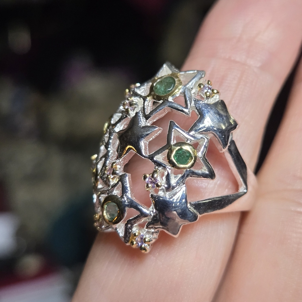 Emerald & Topaz sterling & gold star dome ring sz7.5 - Picture 5 of 12